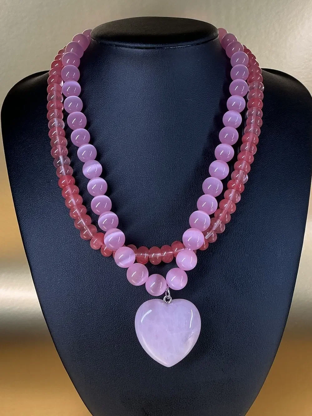 Rose Quartz Pink Beaded Necklace with Heart Pendant - powerful positive energy!